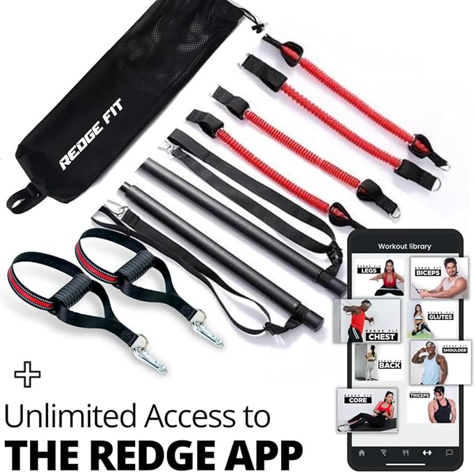Redge Fit™ Complete Portable Full Body Home Gym Park Workout Set I Resistance Bands for Beginners to Elite Athletes I Pilates bar kit I Train Insane (Improved Quality)