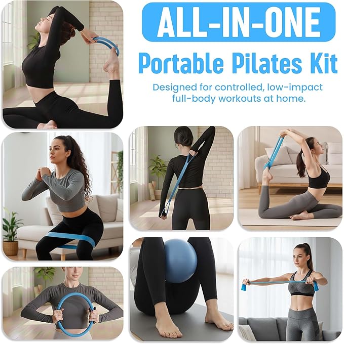 Pilates Kit 16- Pieces with Adjustable Resistance – Fitness Ring, Exercise Ball, Bands, Wrist Weights & Essential Pilates Equipment for Home Workouts - Versatile Fitness Accessories