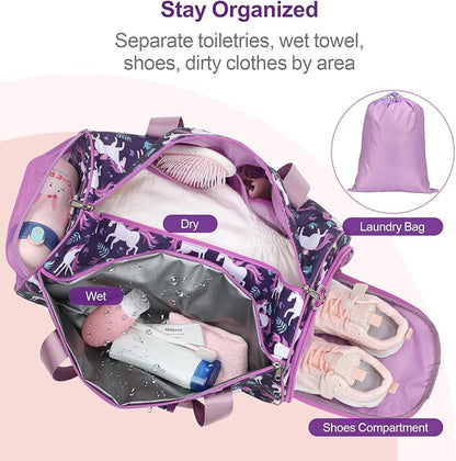 Bagseri Dance Bag for Girls - Kids Duffle with Shoe Compartment, Gymnastics Tote for Sleepover Travel with Water Resistant Wet Pocket (Deep Purple Unicorn)