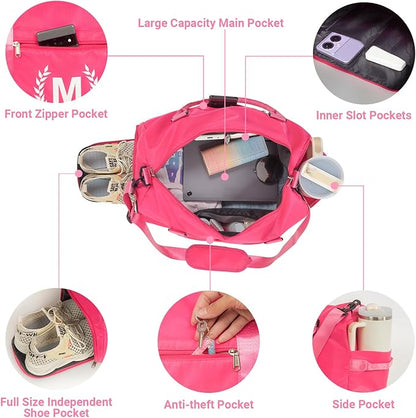 Gym Bag for Women, Personalized Duffle Bag with Shoe Compartment, Sports Bag for Yoga & Dance with Wet Pocket and Mat Strap(HotPink,I)
