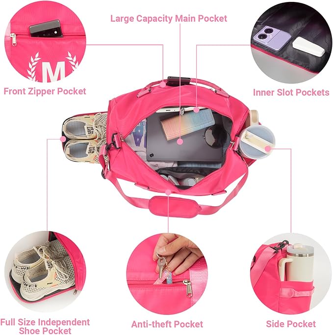 Gym Bag for Women, Personalized Duffle Bag with Shoe Compartment, Sports Bag for Yoga & Dance with Wet Pocket and Mat Strap(HotPink,T)