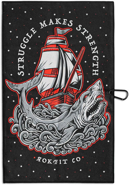 RokFit Gym & Golf Towel – Multi-Use, Quick-Dry, Durable Utility Towel with Bold Graphic and Carabiner Clip (Struggle Makes Strength)