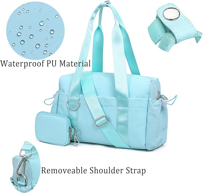Everyday Mini Gym Bag for Women 2.0, Small Tote with Zipper Compartment Waterproof Travel Duffle Cute Handbag Workout Carry On with Removeable Shoulder Strap & Coin Wallet Easy to Clean - Blue