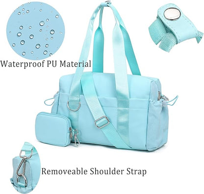 Everyday Mini Gym Bag for Women 2.0, Small Tote with Zipper Compartment Waterproof Travel Duffle Cute Handbag Workout Carry On with Removeable Shoulder Strap & Coin Wallet Easy to Clean - Blue
