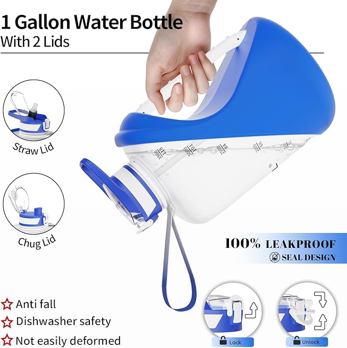 TOOFEEL 1 gallon water bottle - 128 oz water bottle with Straw & Chug Lid - BPA Free Big Water Bottle with Handle - Gym Water Bottle - Deep Blue and White