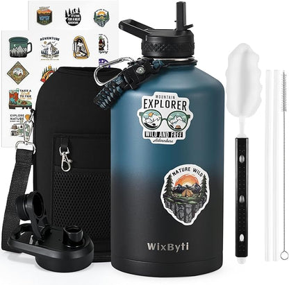 One Gallon Water Bottle Insulated with DIY Stickers, Triple Wall Vacuum Cold for 48 Hrs Leak-proof Non-BPA, 128oz Large Sports Stainless Steel Water Jug with Paracord Handle Straw Spout Lids