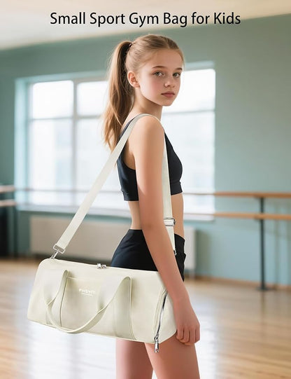 Sports Small Gym Bag for Women, Cute Mini Duffle Bag with Wet Pocket & Shoes Compartment, Personal Item Travel Workout Bag, 16"-Small, Beige