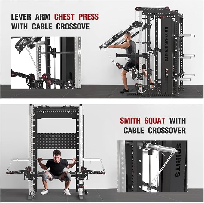 FAGUS Commercial Smithe Machine with Dual Weight Stacks, Power Cage Squat Rack with Lever Arm & Leg Press Attachment, Multi-Function Linear Bearing Cable Crossover Machine for Home Gym