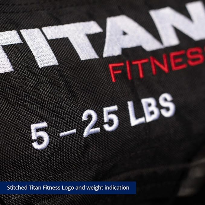 Titan Fitness 5-25 LB PRO Strongman Sandbags, Double Layer, 1050D Cordura, Black, Carry Home Gym Training