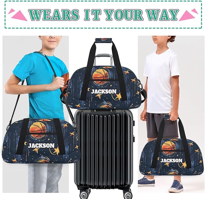 Personalized Basketball Gym Duffel Bags for Kids Boys with Custom Name Sport Training Travel Bags for Overnight Weekender, Dark Blue