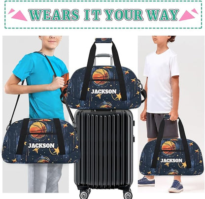 Personalized Basketball Gym Duffel Bags for Kids Boys with Custom Name Sport Training Travel Bags for Overnight Weekender, Dark Blue