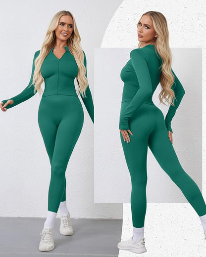 Women 3 Piece Seamless Workout Set Sports Bra High Waisted Gym Yoga Leggings Zip Up Jacket with Thumbhole Activewear
