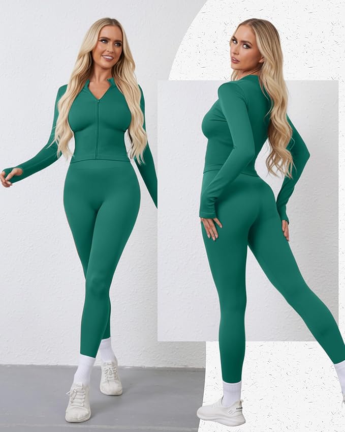 Women 3 Piece Seamless Workout Set Sports Bra High Waisted Gym Yoga Leggings Zip Up Jacket with Thumbhole Activewear