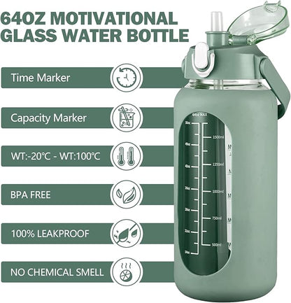 kytffu 64oz Glass Water Bottles with Straw, Half Gallon Motivational Glass Bottle with Silicone Sleeve and Time Marker, 2L Leakproof Large Glass Water Jug for Gym Home Office,olive