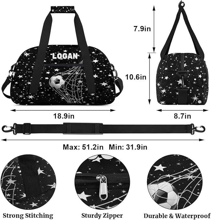 Personalized Gym Bag Soccer Sports Duffel Bag Kids Boys, Custom Name Weekender Gymnastics Training Bag for Men Traveling Business Trip, Soccer Goal Stars Pattern Black