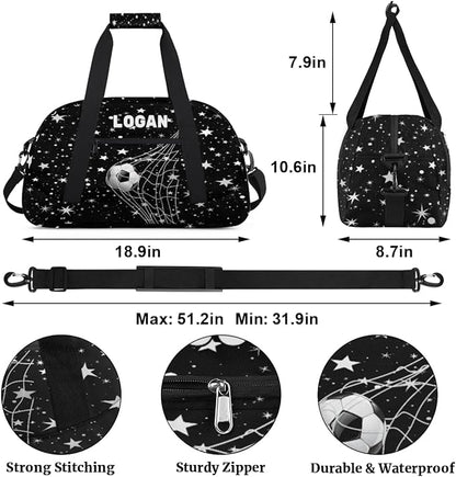 Personalized Gym Bag Soccer Sports Duffel Bag Kids Boys, Custom Name Weekender Gymnastics Training Bag for Men Traveling Business Trip, Soccer Goal Stars Pattern Black