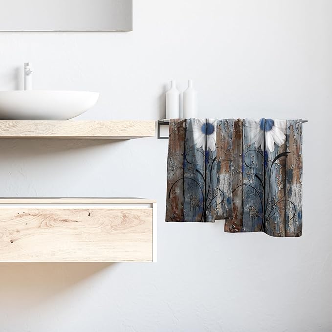 Rustic Daisy Bathroom Hand Towels Set of 2 Blue Brown Floral Farmhouse Fingertip Towels for Bathroom Spring Botanical on Wooden Decorative Absorbent Soft Kitchen Towels for Home Spa Gym Hotel