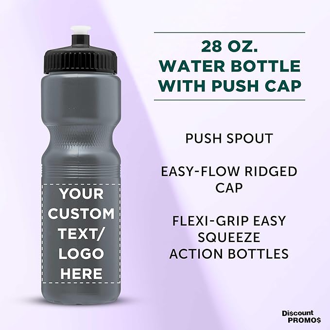 DISCOUNT PROMOS 28 oz. Custom Push Cap Plastic Water Bottles Set of 10/50/100, Personalized Bulk Pack - Perfect for Gym, Hiking, Camping, Outdoor Sports - Silver