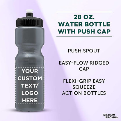 DISCOUNT PROMOS 28 oz. Custom Push Cap Plastic Water Bottles Set of 10/50/100, Personalized Bulk Pack - Perfect for Gym, Hiking, Camping, Outdoor Sports - Silver