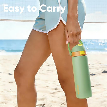 Insulated Water Bottle with Straw - Encool Stainless Steel Water Bottle with Push Button Lid, Leak-Proof & BPA-Free, Keeps Cold for 24 Hours for Sports, Travel, Gym (24 oz, Lichen-Yellow)