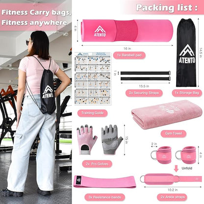 ATENTO 10Pcs Barbell Pad Set with Weight Lifting Belt, Thick Cushion Hip Thrust Pad for Bench Press, Lunges, Workout, Leg Exercise, Squat Bar Pad for Relief Pressure from Neck & Shoulder for Smith machine & Olympic Bars, with 2 Gym Ankle Straps, Hip Re...