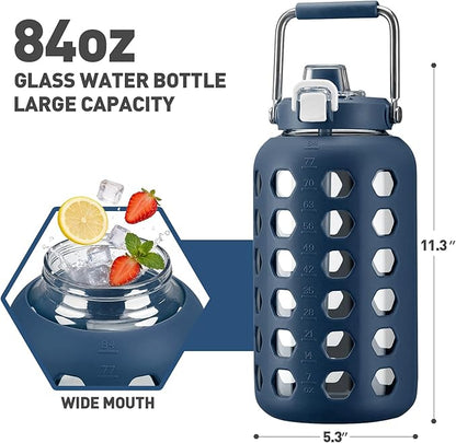 MUKOKO 84 oz Glass Water Bottles,2.5 Liter Gallon Drinking Bottle with Handle,Large Glass Water Jug with Silicone Sleeve for Gym Sports,Time Marker,Wide Mouth,Blue