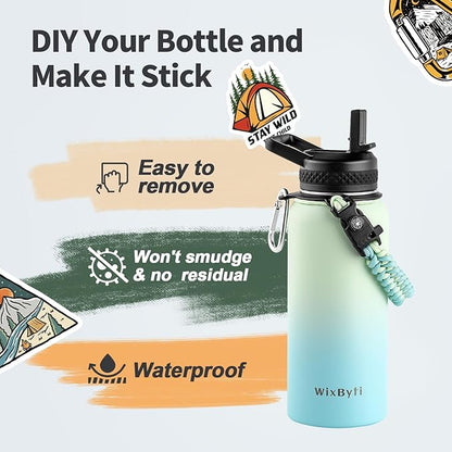 32 oz Insulated Water Bottle with Straw, Stainless Steel Triple Wall Vacuum Sports Water Jug, Leakproof Hydro Cup Flask with Paracord Handle & Straw Spout Lids & DIY Stickers