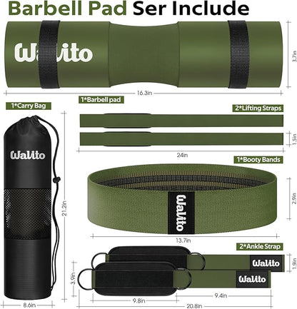 WALITO 8Pcs Barbell Pad Set for Hip Thrust - Squat Pad,Gym Accessories for Women with Bar Bad,Bench Press, with Gym Ankle Straps,Resistance Bands for Working Out,Lifting Strap,Carry Bag