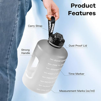 Big Reusable Sport Water Jug with non-slip handle, 1 Gallon Water Bottle with Straw and Time Marker, for All Day Hydration, Exercise and Outdoor (Black White)
