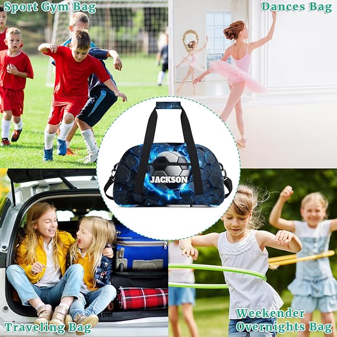 Personalized Soccer Gym Duffel Bags for Kids Boys with Custom Name Sport Training Travel Bags for Overnight Weekender, Dark Blue