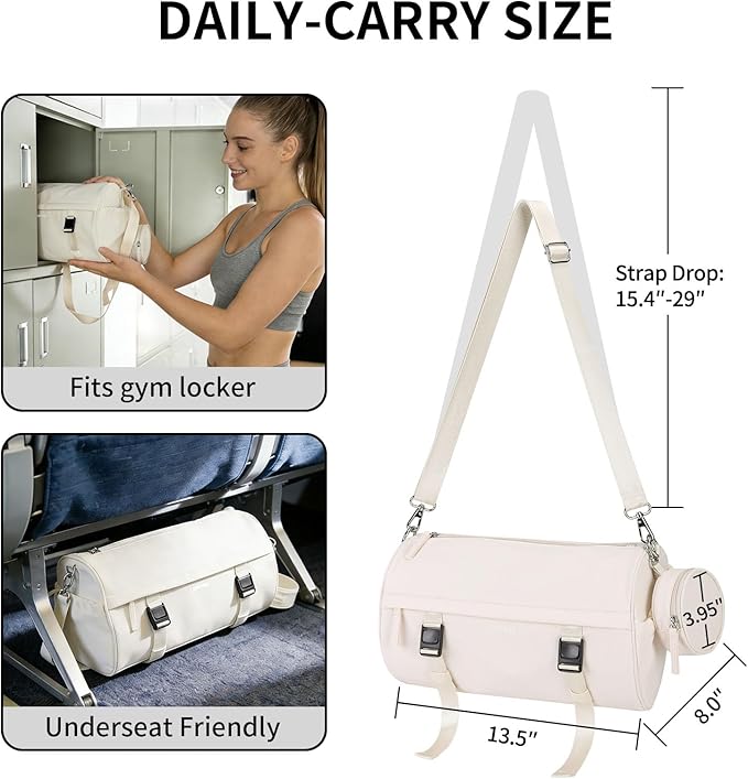 Small Gym Bag for Women Men, Mini Crossbody Travel Duffle Bag with Wet Compartment and Yoga Mat Strap, Compact Workout Bag for Sports Dance Swimming, Daily Commuting (Beige)