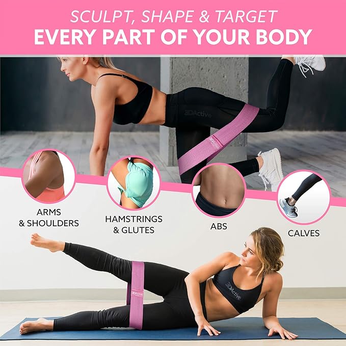 3DActive Fabric Resistance Bands for Legs & Butt. Wide Non-Slip Hip Band Set for Home & Gym Workouts. Exercise Guide & Carry Bag Included.