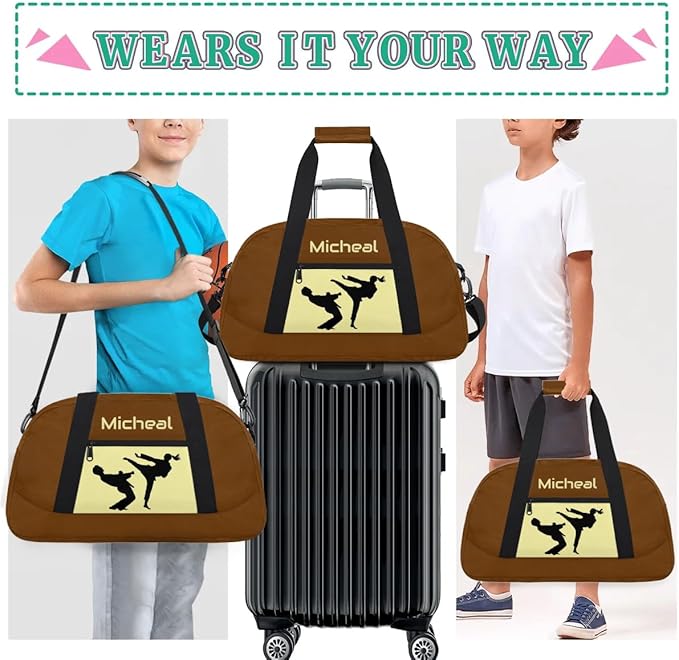 Personalized Martial Art Bag Duffel Bag for Boys Girls, Custom Taekwondo Karate Bag for Travel Weekender Practice Brown