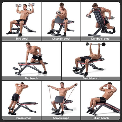 Adjustable Exercise Chair for Home Gym – Foldable Back Extension Bench for Core, Hip & Lower Back Workout – Multi-Functional Hyperextension Bench with Tension Rope for Full-Body Exercise