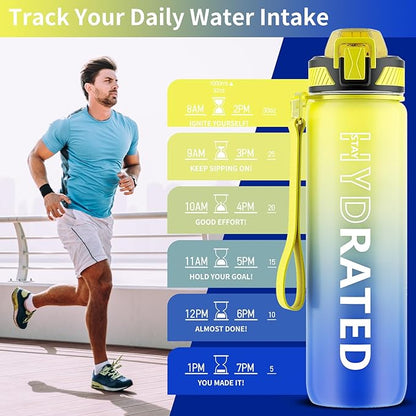 Water Bottle with Straw, 32oz Motivational Water Bottles with Time Marker to Drink, Tritan BPA Free, 1L Sports Water Bottle with Carry Strap LeakProof for Women Gym Fitness Outdoor (1 Pack)