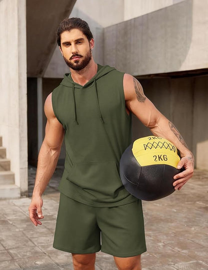 COOFANDY Mens Sleeveless Workout Hoodie Shorts Set 2 Piece Outfits Hooded Tank Tops Gym Tracksuit Sweatsuits