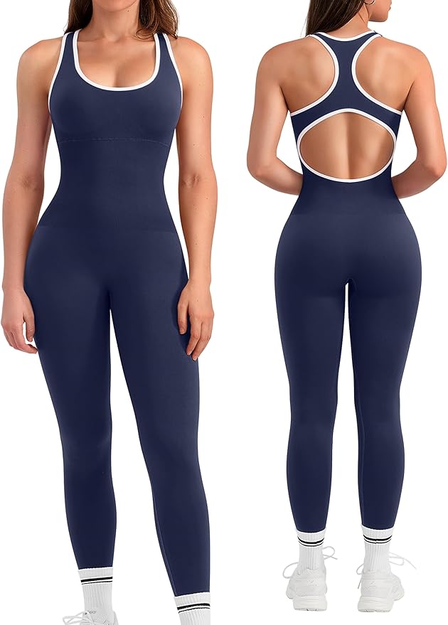 OLCHEE Womens Workout Jumpsuits Seamless Yoga Gym Bodycon Rompers Sexy Racerback Tummy Control Padded Bra Unitard
