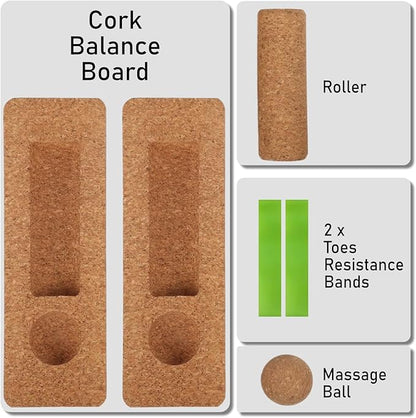 Cork Balance Beam Complete Set, Integrated Foot & Ankle Stability System with Roller, Massage Ball & Toe Resistance Bands for Yoga & Recovery