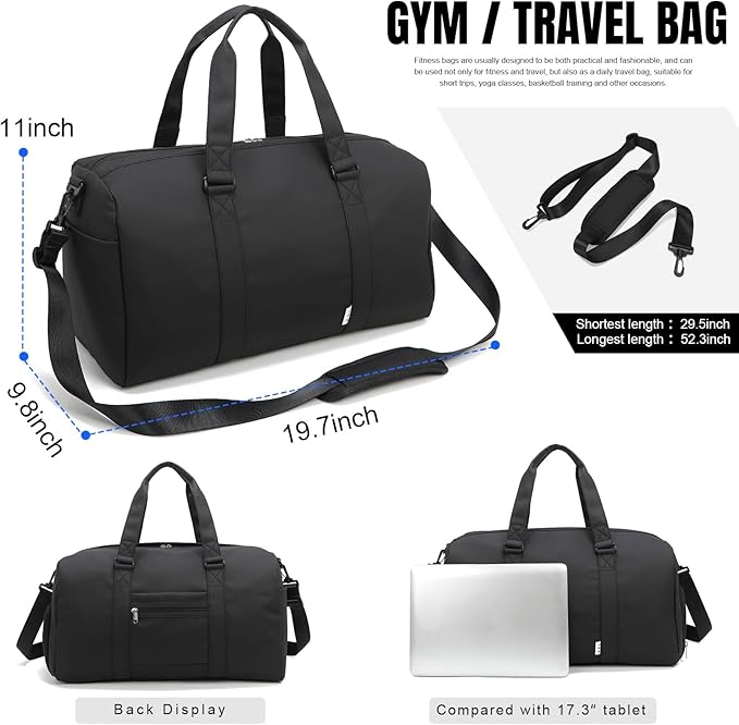 NOL Waterproof Gym Duffle Bag for Men & Women with Shoe & Wet Compartments, Multiple Pockets | Adjustable Shoulder Strap for Sports, Travel, Fitness, Workout & Hospital Use, Black