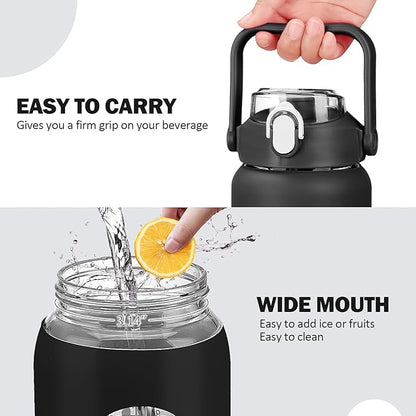 kytffu 64oz Glass Water Bottles with Straw, Half Gallon Motivational Glass Bottle with Silicone Sleeve and Time Marker, 2L Leakproof Large Glass Water Jug for Gym Home Office,Black