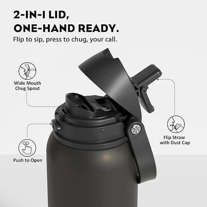 POWCAN 40 oz Insulated Water Bottle: 2-in-1 Push-Button Spout & Quick-Flip Straw Lid, Leakproof, Keep Cold 24Hrs, BPA-Free, Stainless Steel Water Bottle for Sports, School, Travel, Gym, Gift (King)
