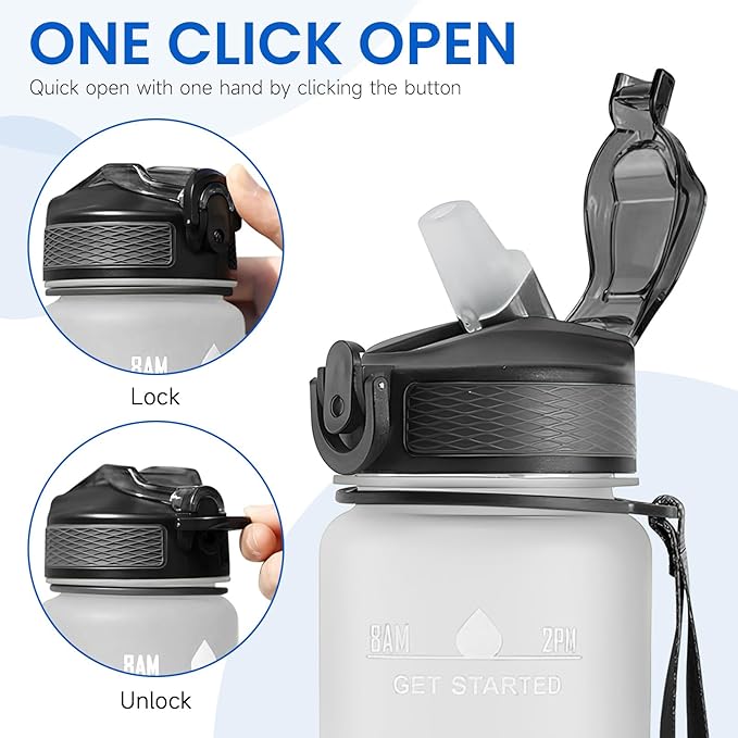 32 oz Water Bottles with Times to Drink and Straw, Motivational Water Bottle with Time Marker, Leakproof & BPA Free, Drinking Sports Water Bottle WIth Hand Strap for Fitness, Gym & Outdoor (white)