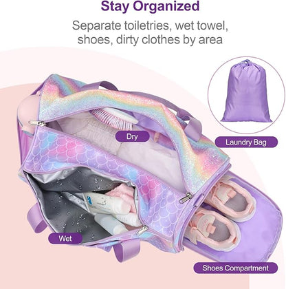 Bagseri Dance Bag for Girls - Kids Duffle with Shoe Compartment, Gymnastics Tote for Sleepover Travel with Water Resistant Wet Pocket (Glitter Mermaid, Purple)