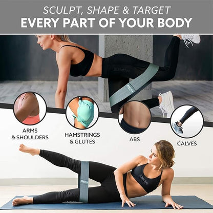 3DActive Fabric Resistance Bands for Legs & Butt. Wide Non-Slip Hip Band Set for Home & Gym Workouts. Exercise Guide & Carry Bag Included.