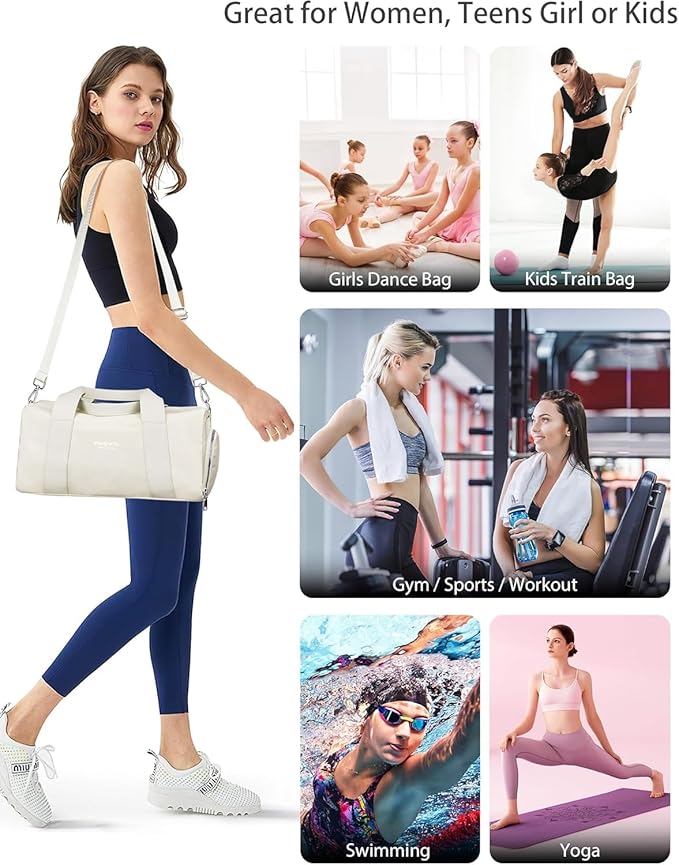Sports Small Gym Bag for Women, Cute Mini Duffle Bag with Wet Pocket & Shoes Compartment, Personal Item Travel Workout Bag, 16"-Small, Beige