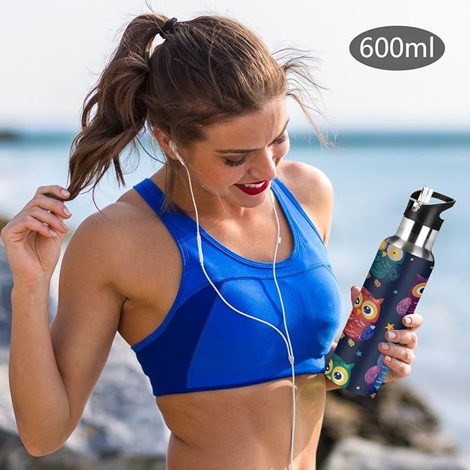 Animal Owl Vacuum Insulated Water Bottle Stainless Steel Kids Sport Jug with Straw Lid Wide Mouth Leakproof BPA Free for Bike Running Walking Outdoor 20 Oz