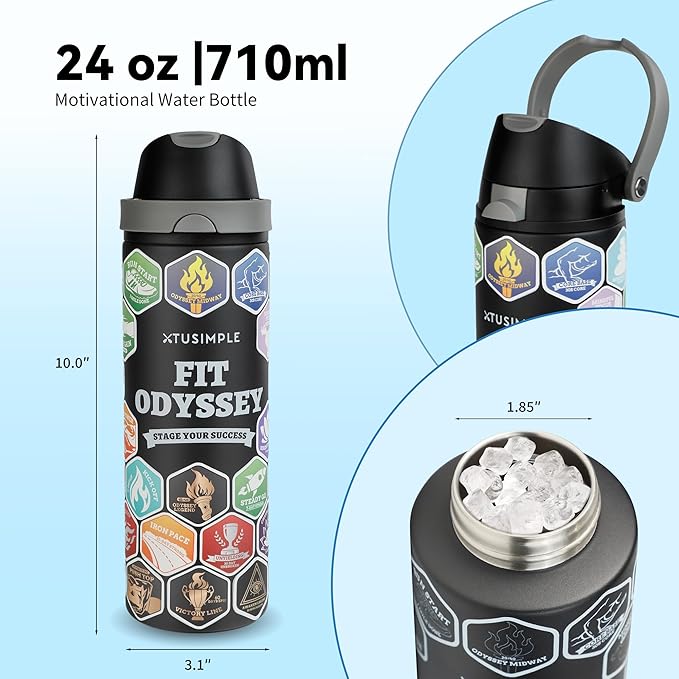 24 oz Motivational Insulated Stainless Steel Water Bottle for Sports, Gym & Travel, 2-in-1 Push-Button Spout & Quick-Flip Straw, Leak-Proof BPA-Free, Keeps Cold 30H, with DIY Fitness Stickers