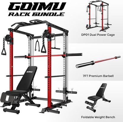 DP01 Power Cage, 2000LBS Squat Rack with with Cable Crossover and Dual Independent Pulley System, Full Cage for Full Body Training, Power Rack with More Training Attachments for Home Gym