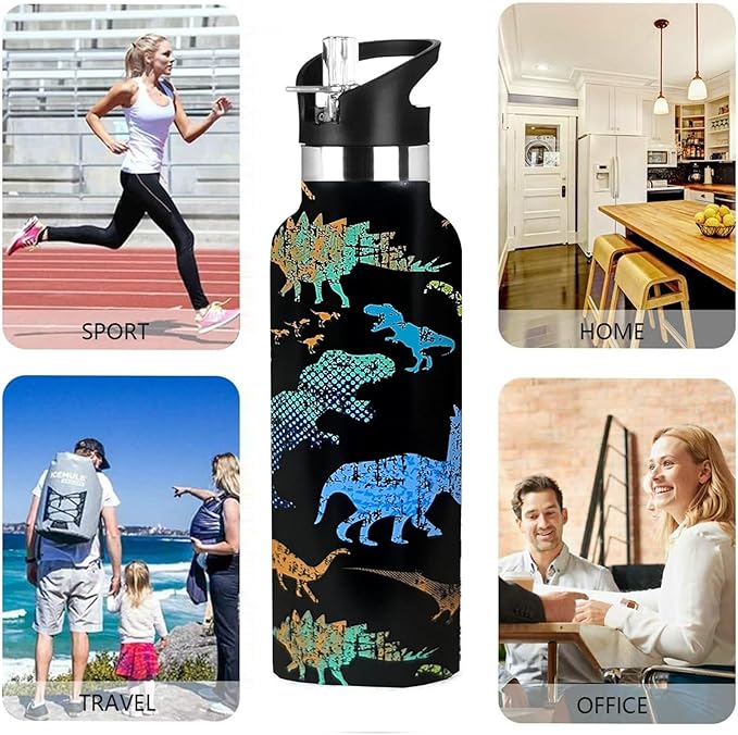 Dinosaur Sport Water Bottle with Straw, Vacuum Insulated Stainless Steel Thermal Drinking Travel Mug Cups For Gym Fitness Camping-20oz/600ml