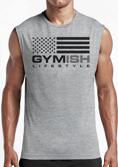 Gymish American Flag Graphic Fitness Tank, Sleeveless Bodybuilding Athletic Tank Top